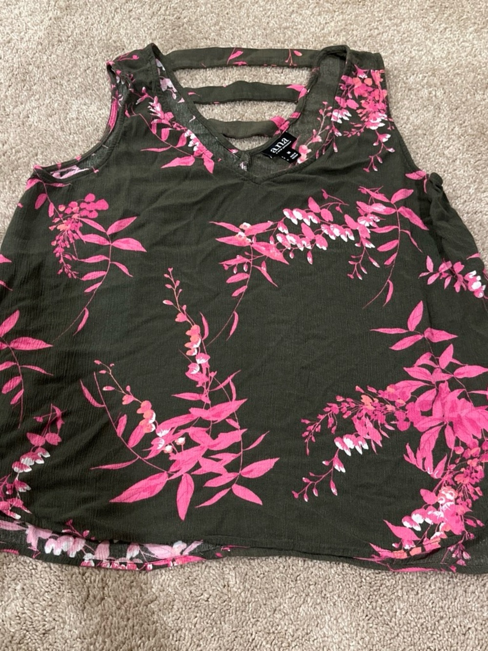 a.n.a Olive Green Tank with Pink Floral Print & Strappy Back